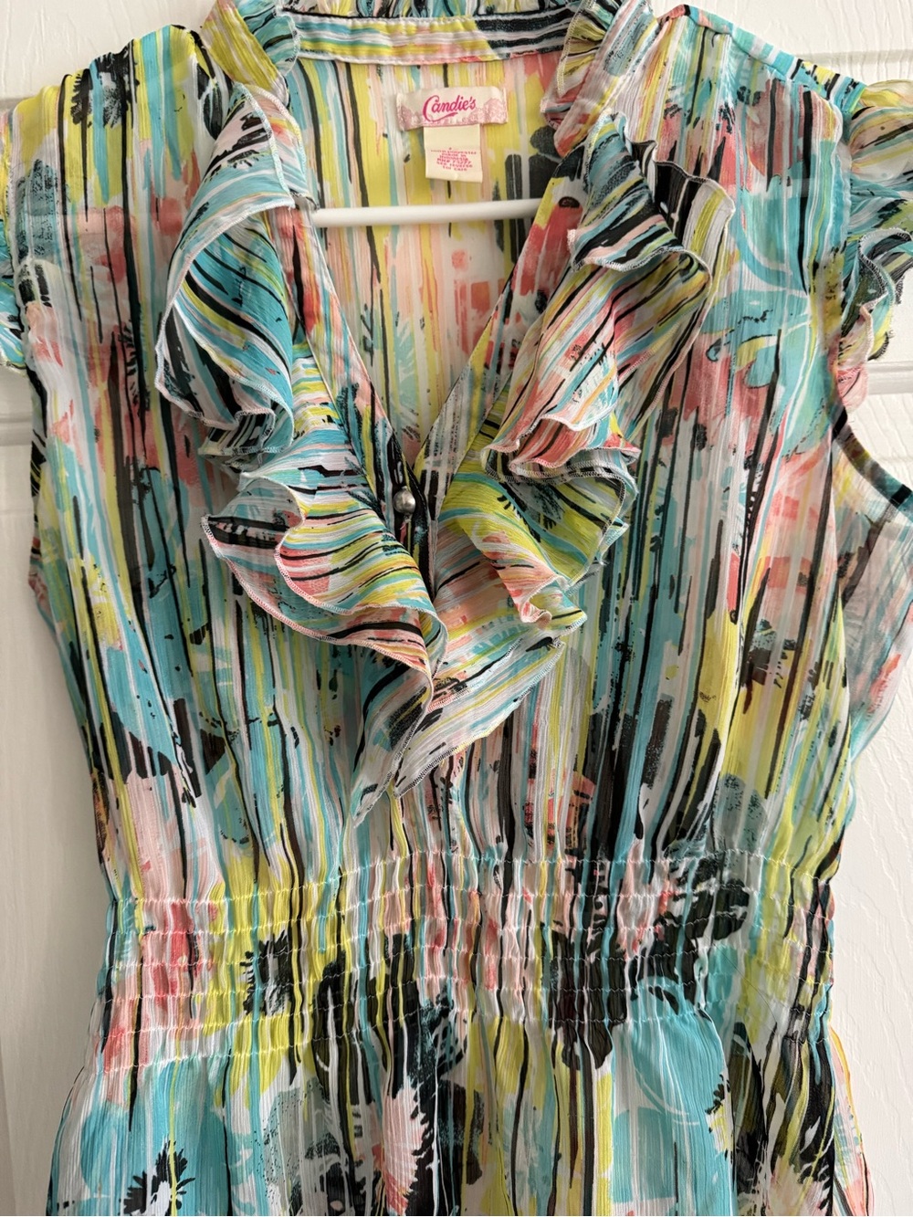 Candie's Abstract Floral Ruffle Blouse V-Neck Smocked Waist Top L - Picture 3 of 7